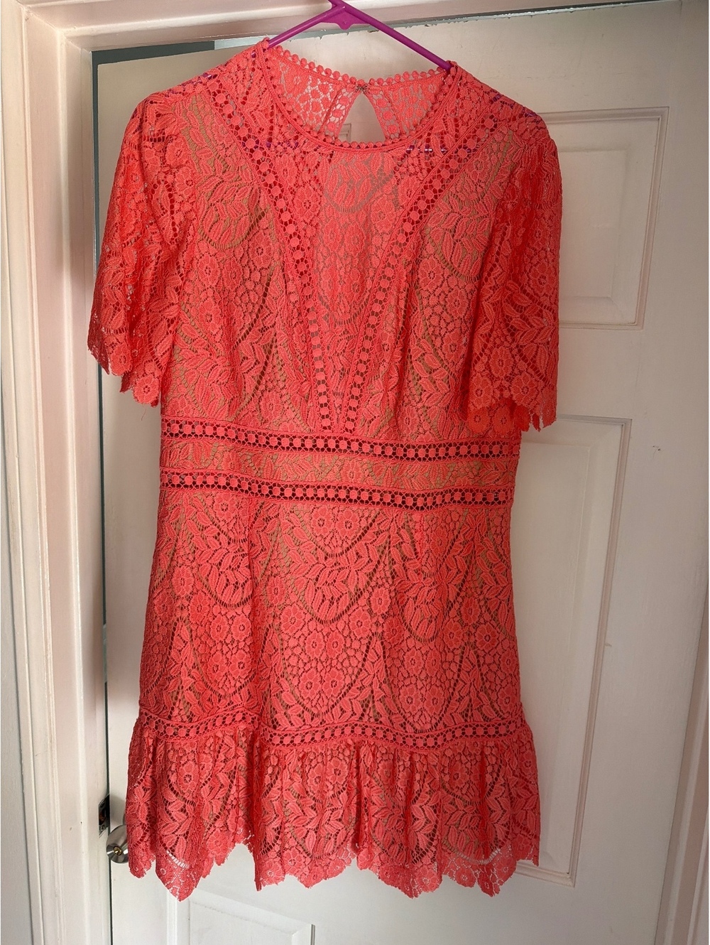 Saylor NWOT Coral Lace Short Sleeve Dress with Open Back and Ruffle Hem
